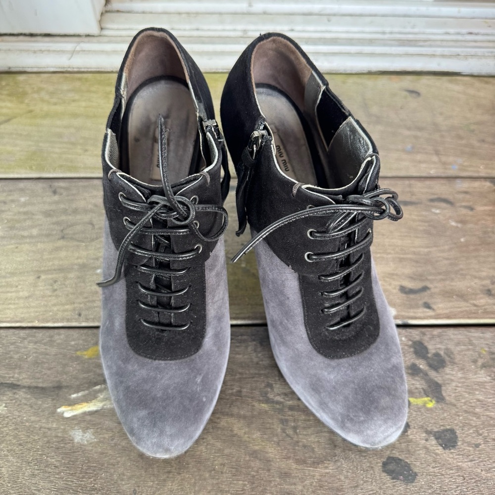 Miu Miu Black and Gray Suede Lace-Up Boots